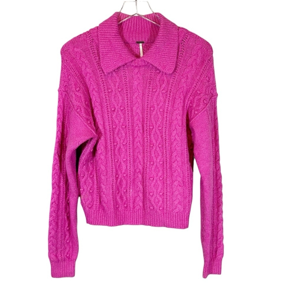 FREE PEOPLE Women's Small Every Cloud Fuchsia Pink Cable Knit Collared Sweater